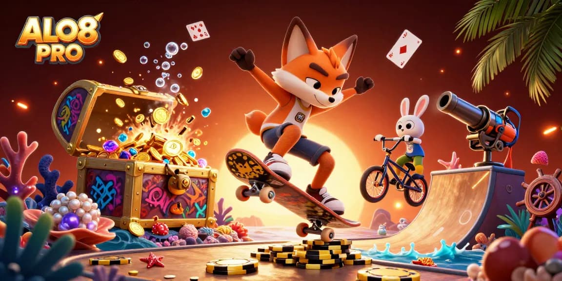 Win big with ALO8 PRO in a vibrant casino-themed 3D illustration featuring a skateboarder fox and BMX rabbit.