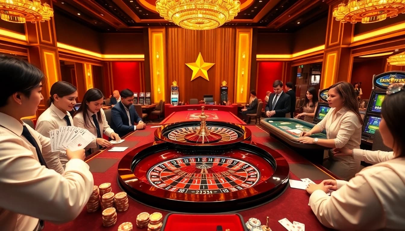 NK88 players engaging in an exciting online casino scene with roulette and poker tables.