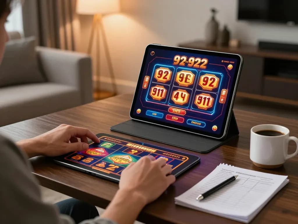 Engaging in gameplay on 92slot while enjoying a cozy home setting with tablet and notes.