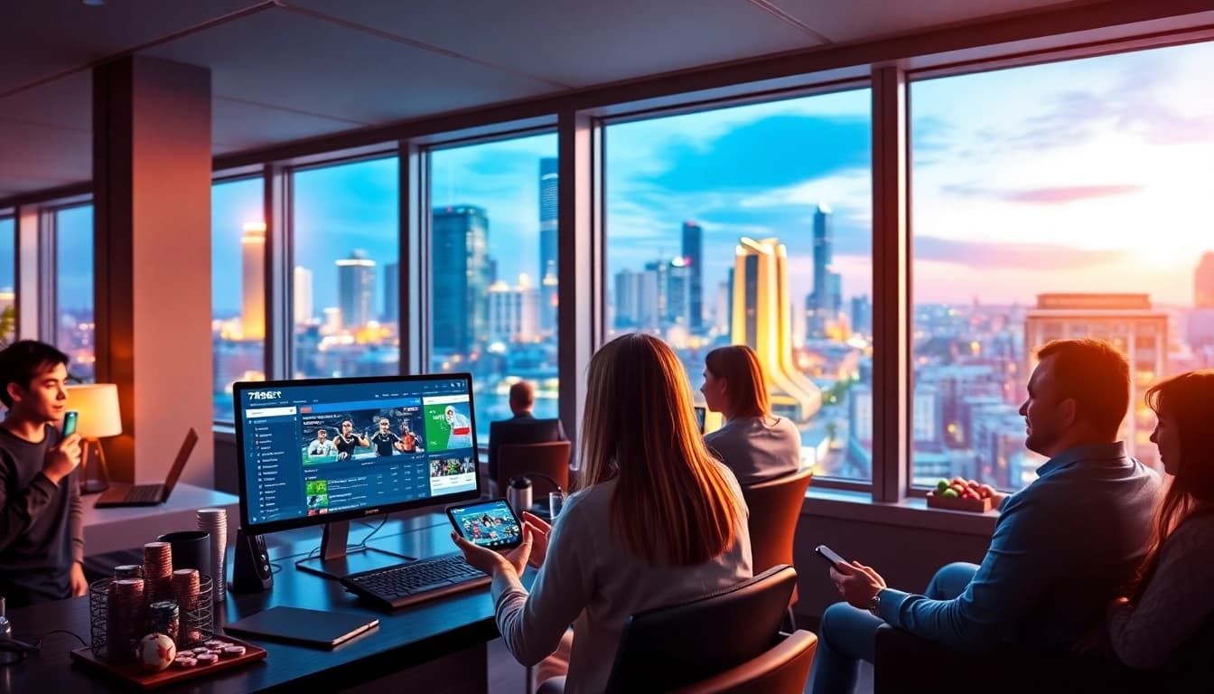 Engaging scene of diverse players using the 789bet platform in a modern setting.