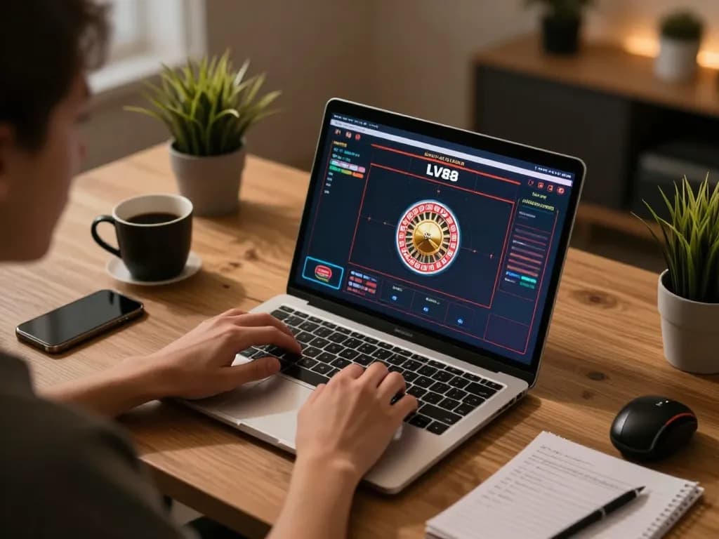 Engaging online gaming session with LV88 on a laptop, focusing on strategic betting.
