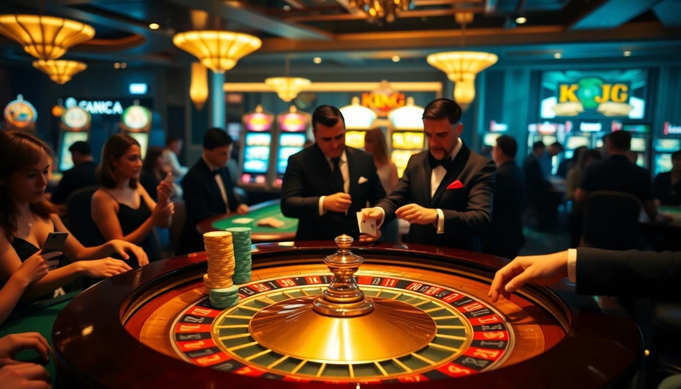 KJC casino players engaging at a roulette table with excitement and professional gaming atmosphere.