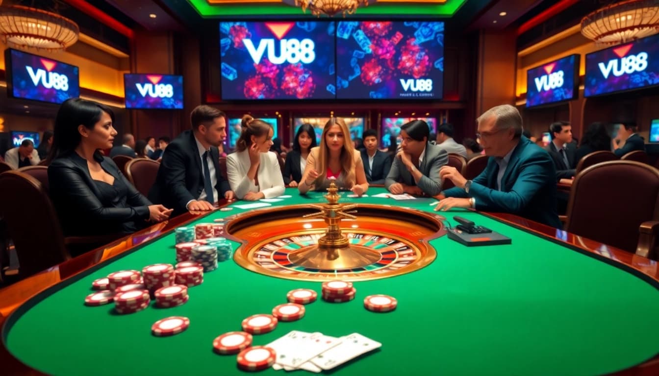 Engaged players at a VU88 casino table, showcasing luxury and excitement in gambling.