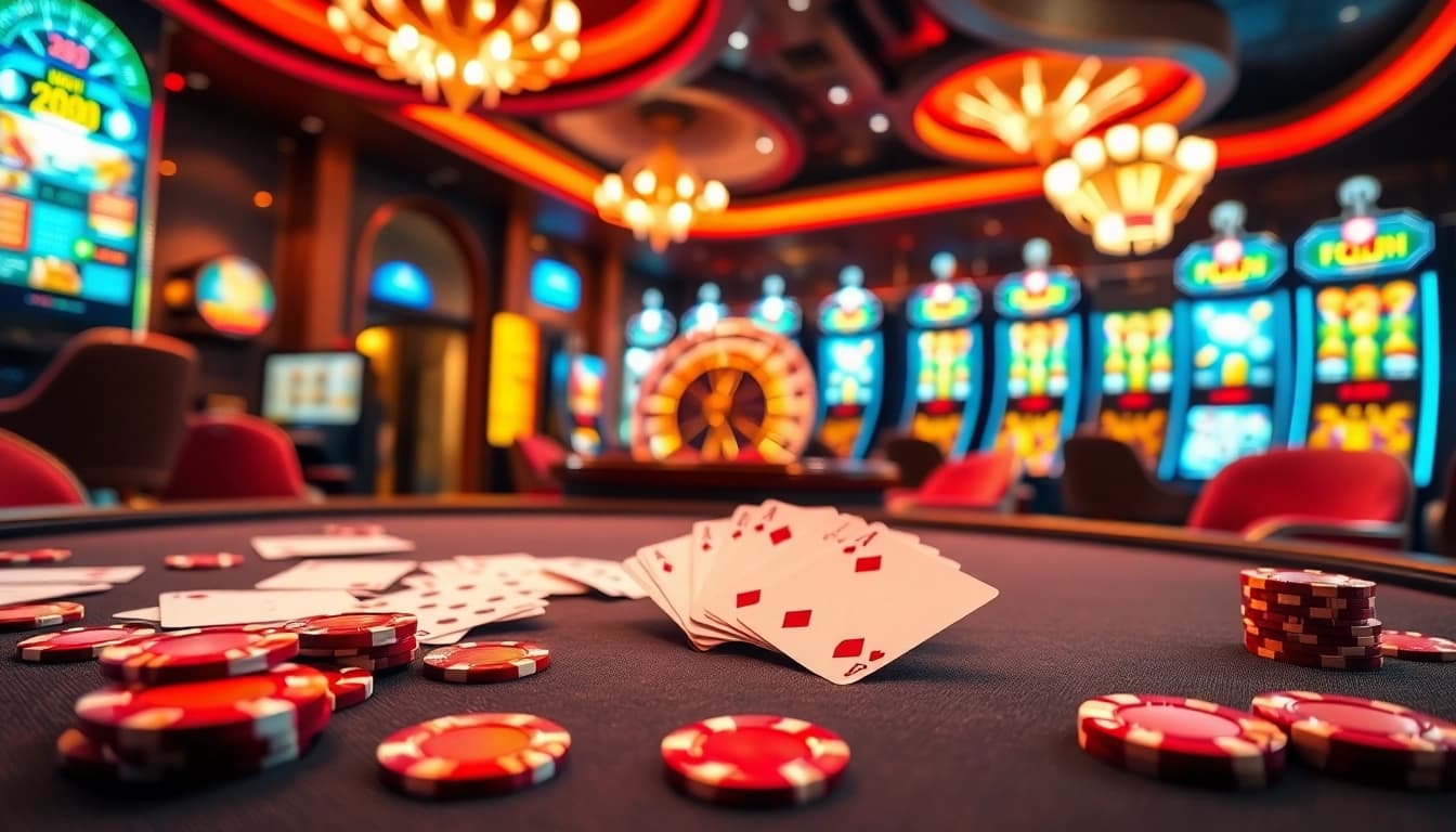 Experience thrilling games at 98win link with vibrant casino tables and poker chips.