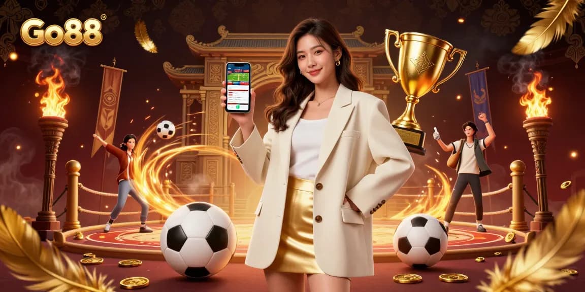 Experience Go88's thrilling gaming atmosphere with a vibrant Asian woman showcasing a sports betting app.