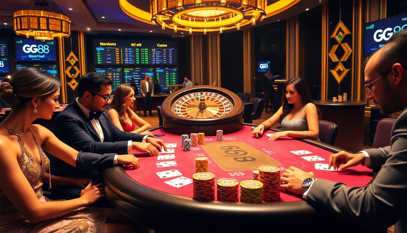 Intensify your luck with GG 88 as players engage at a luxurious poker table filled with vibrant chips.