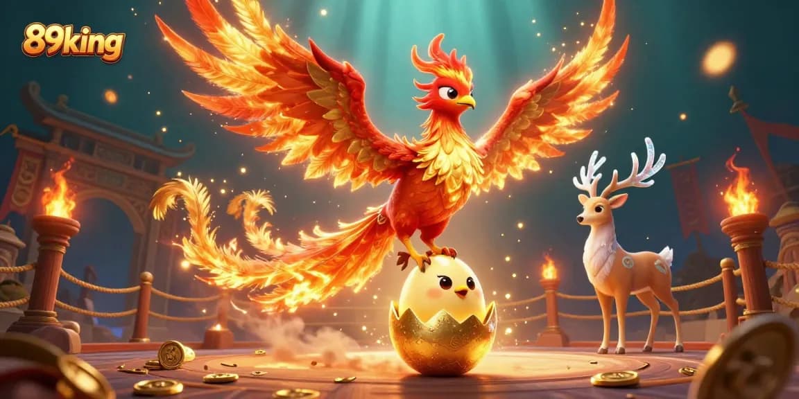Experience the vibrant world of 89king with a dazzling 3D phoenix illustration igniting the gaming spirit.