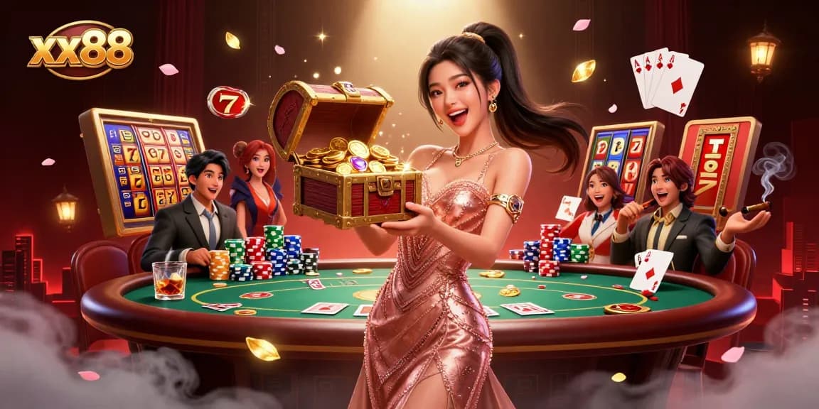 Experience the excitement of xx88 with a joyful woman revealing treasures in a vibrant casino world.