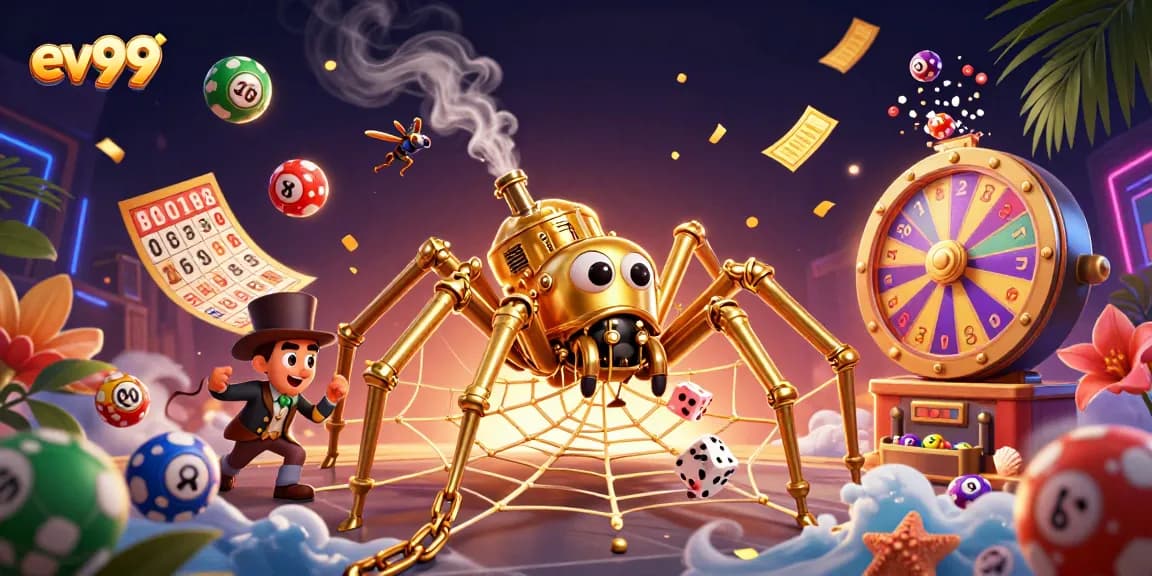 Engage with the vibrant world of ev99, where colorful lottery balls and golden games merge in a thrilling 3D casino illustration.