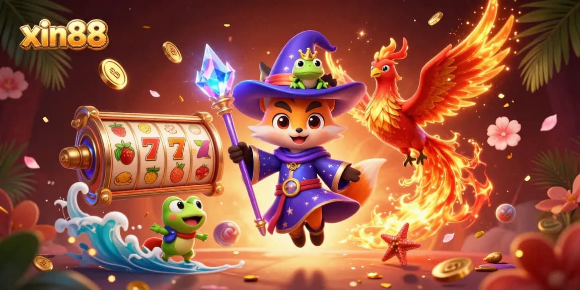 A dynamic depiction of the xin88 experience, showcasing slot reels and lucky charms amidst a vibrant casino atmosphere.