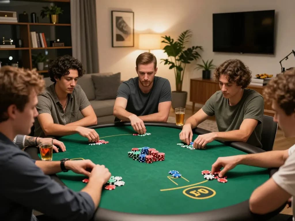 u888 poker night scene, friends playing strategically at a gaming table with vibrant chips.