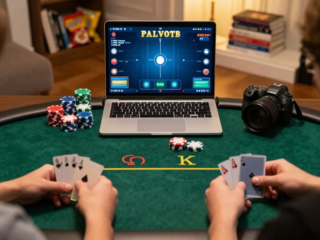 GA888 players enjoying strategic poker gameplay in a cozy home setting, laptop displaying game interface
