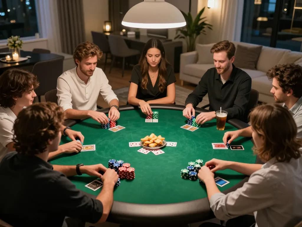 Players enjoying a poker night at home, engaging in strategy and gameplay with EE88.