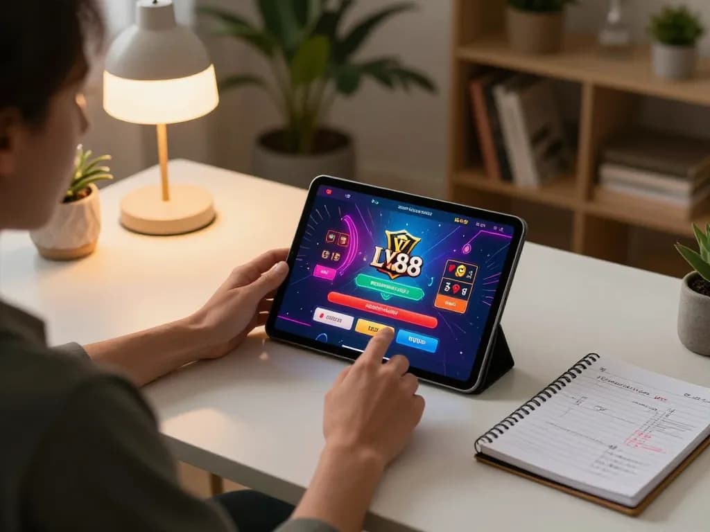 Engaging with LV88's online casino app on a tablet during a cozy home gaming session.