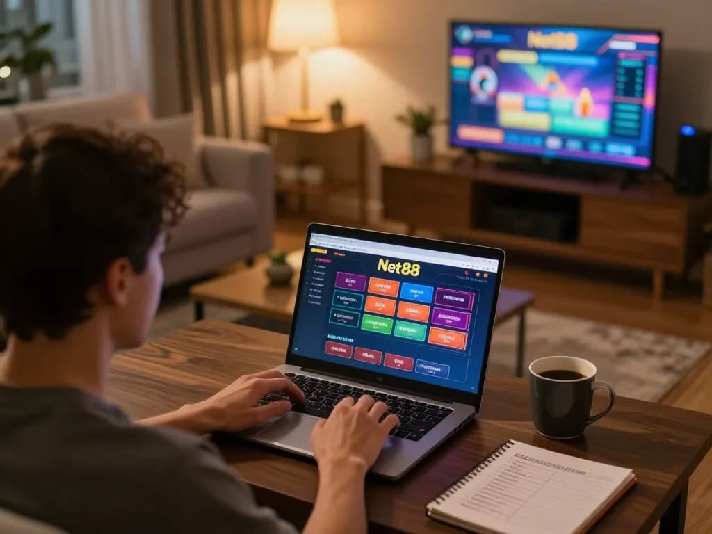 Engaging in online gaming at Net88 with a cozy home setup displaying vibrant casino graphics.