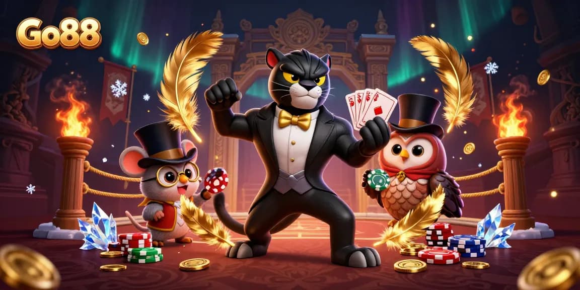 Play cards and win big at Go88 with a stylish panther, an owl, and a lucky mouse!