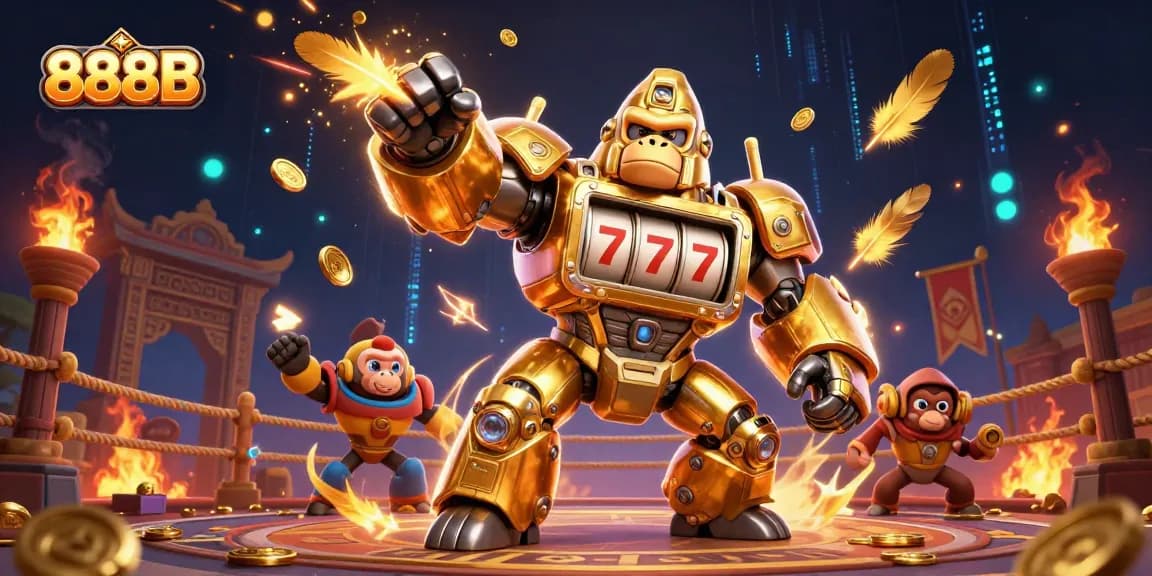 Experience thrilling wins with 888B casino's golden gorilla mech and winning slot machine elements.