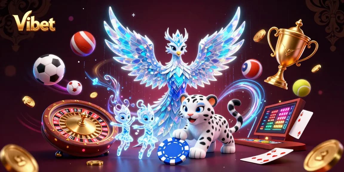 Vibet engages players with vibrant 3D illustrations featuring the ice phoenix, sports gambling elements, and casino excitement.