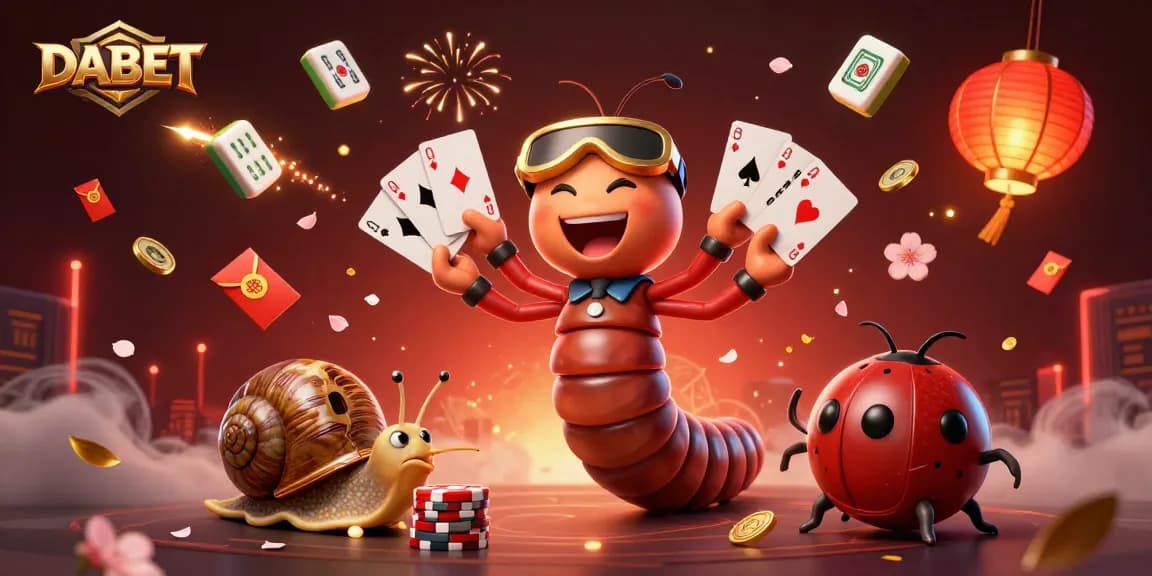 DABET casino features a millipede dealer with cards, a snail high-roller with chips, and dynamic gaming elements.