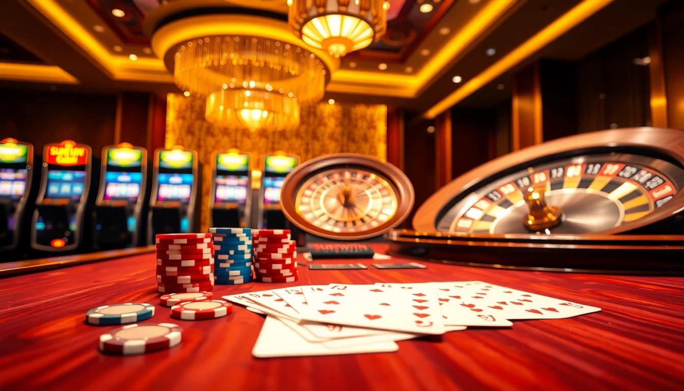 Experience the thrill of winning at the sunwin casino with vibrant poker chips and cards.