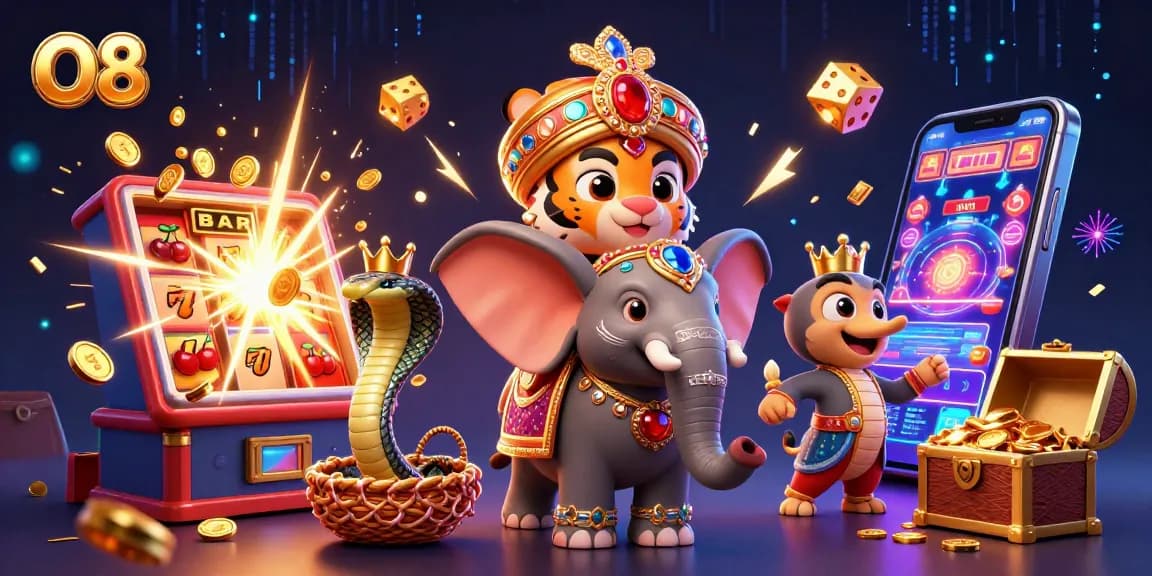 O8 celebrates a thrilling jackpot scene with a maharaja tiger, elephant, and cobra, showcasing vibrant casino elements.