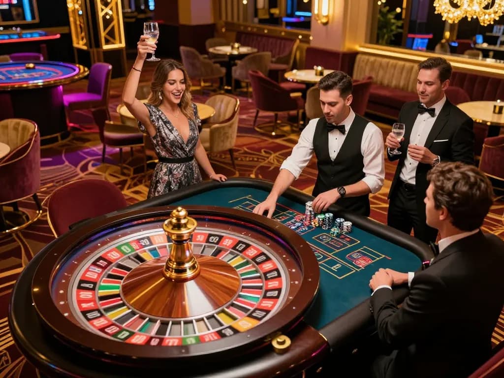 Players engaging in roulette at a glamorous casino, representing excitement at https://kjc365.com/ with vibrant atmosphere.