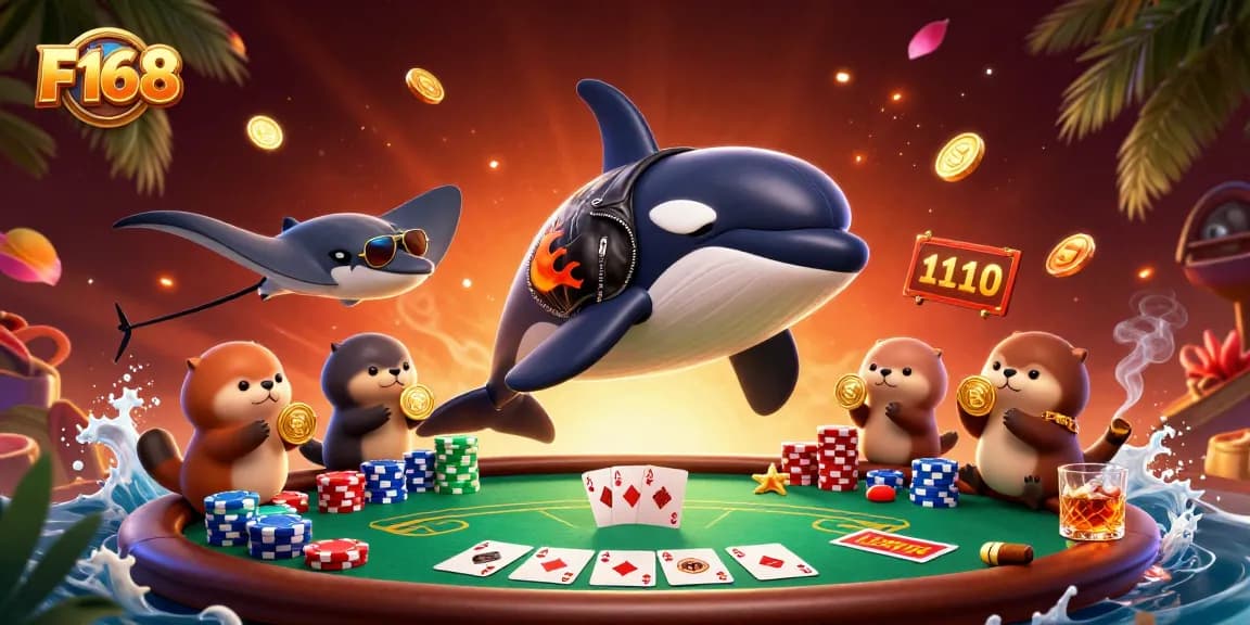 Engage with F168's thrilling poker scene featuring a cartoon orca and sea otters with golden coins.
