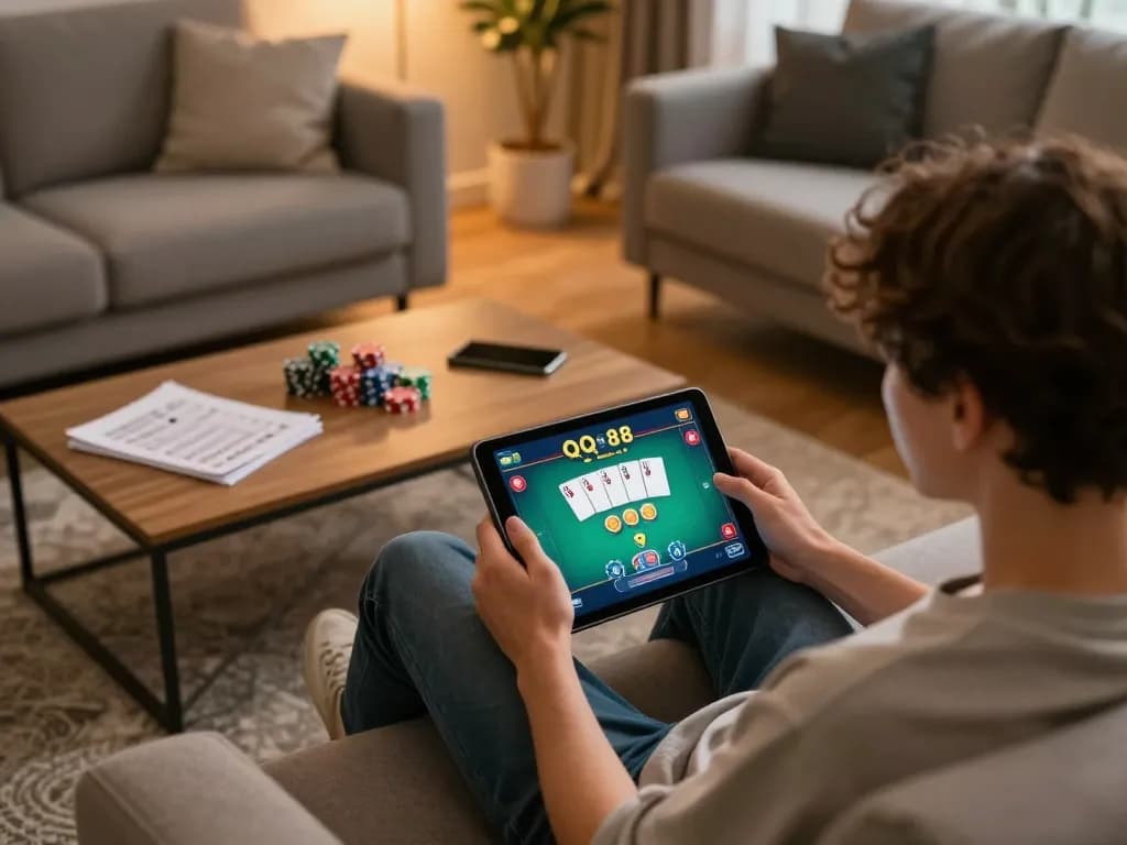 Engaging in a QQ 88 online poker game on a tablet in a cozy home setting, with strategy notes nearby.