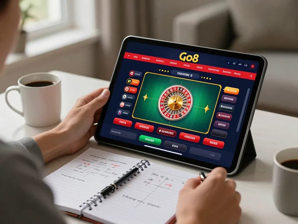 Player enjoying the Go8 app in a cozy home setting, engaging with an exciting roulette game.