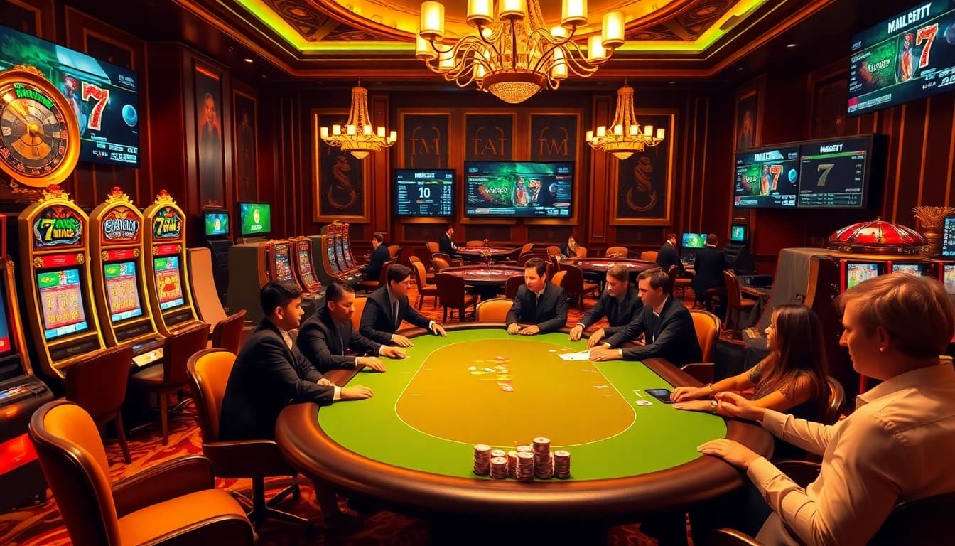 Experience thrilling gameplay at 7M casino, featuring vibrant poker tables and exciting slot machines.