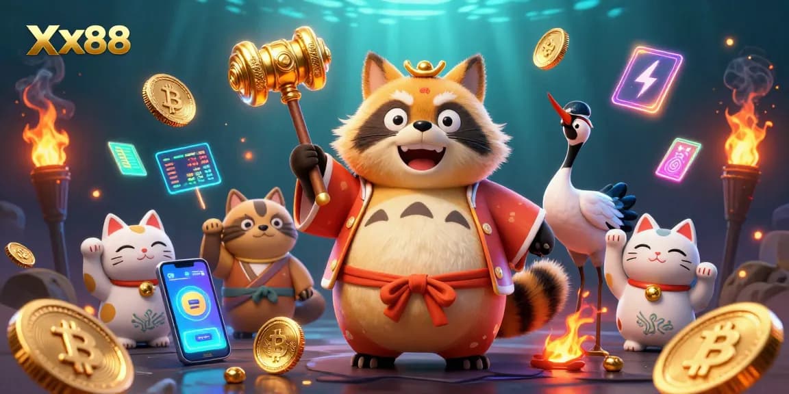 Join the fun at xx88 with a cheerful tanuki and lucky charms at an exciting casino