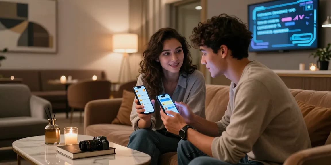 Young couple using smartphones for sex chat ai in an upscale lounge, immersed in intimate conversation.