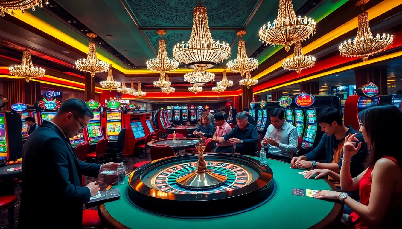 Top nhà cái players enjoying a thrilling game night at a luxurious casino table.