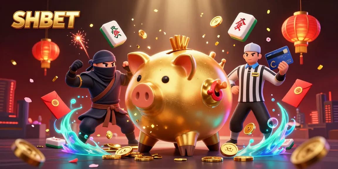 Win big with SHBET alongside a piggy bank sumo and wallet-ninja in a vibrant casino cash scene.