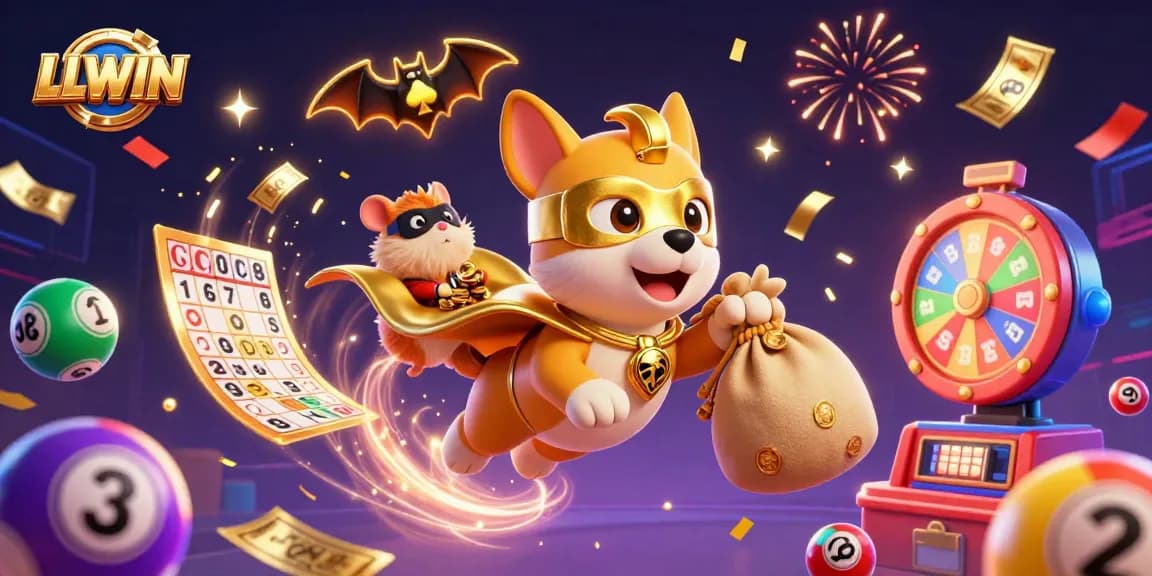 LLWIN superhero dog flies with gold coins, surrounded by vibrant gambling elements and confetti.
