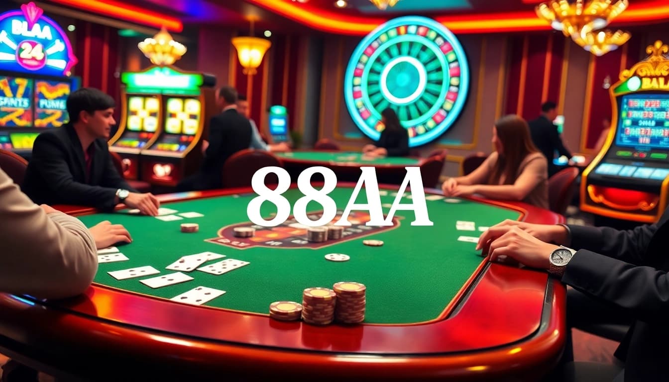 Players engaging at a poker table with 88AA branding and vibrant slot machines in the background.