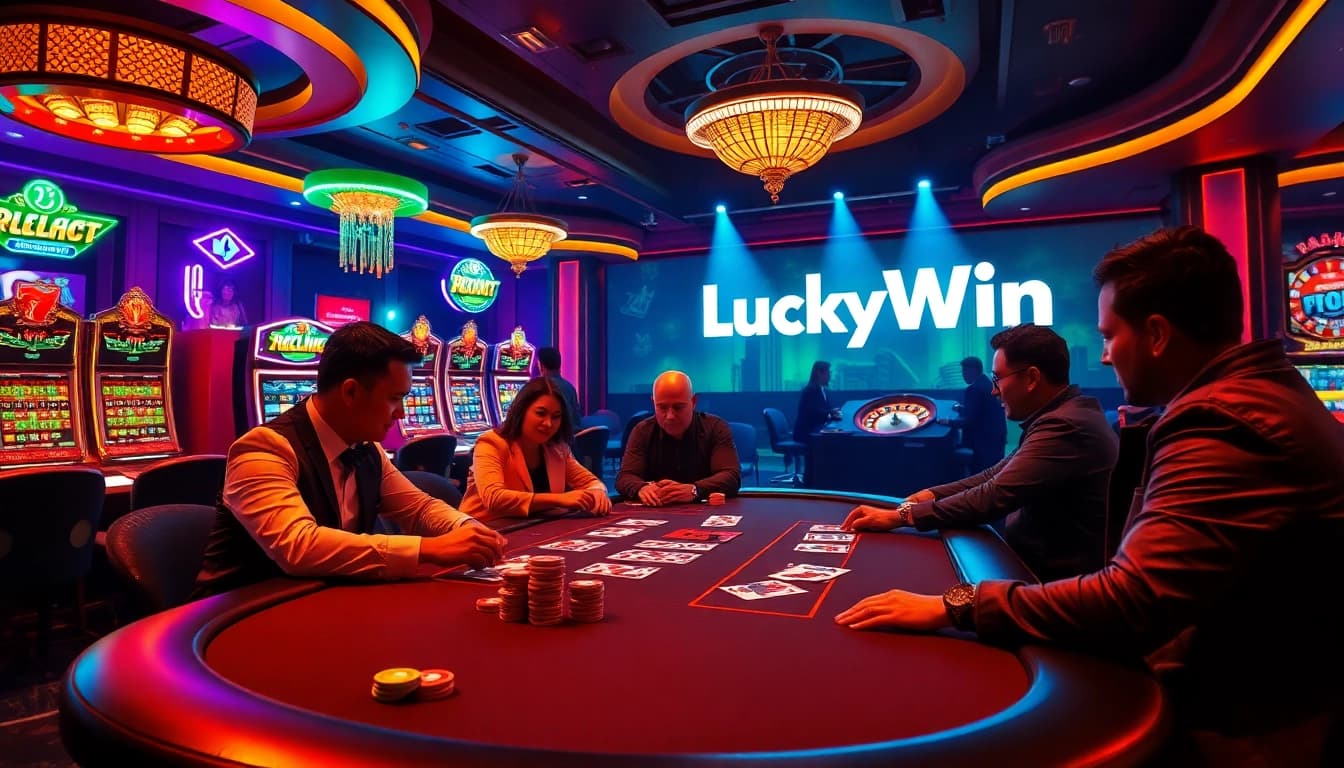 High-stakes poker action at LuckyWin's luxurious casino with vibrant surroundings.