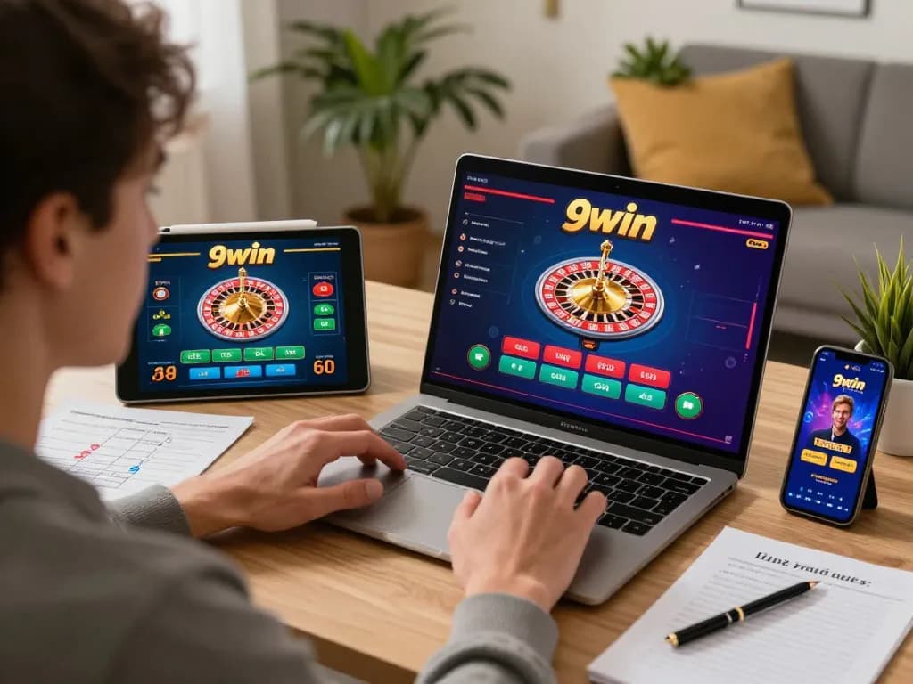 Player enjoying thrilling 9win online casino games with laptop and tablet, showcasing strategic gameplay.
