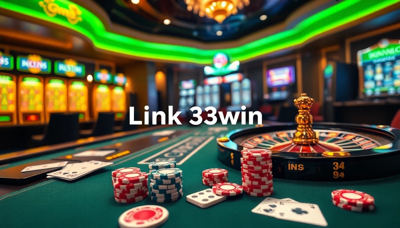 Experience thrilling casino action with Link 33win at vibrant tables, poker chips, and flashing slots.