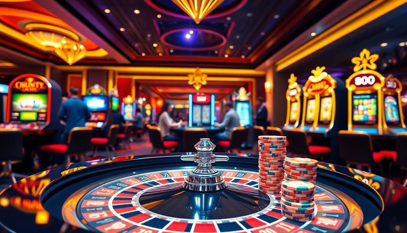 Players enjoying the excitement of online gambling at https://888p.se.net/ with vibrant slot machines and roulette tables.