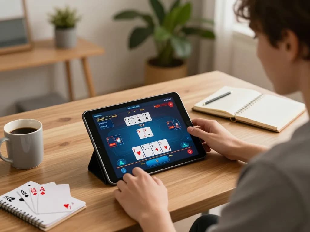 Engaged player using tablet for online poker at FIVE88, focused on winning strategies.