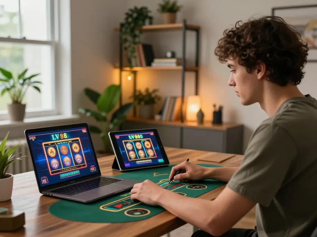 Online gaming session with LV 88 live dealer game on laptop and engaging atmosphere.