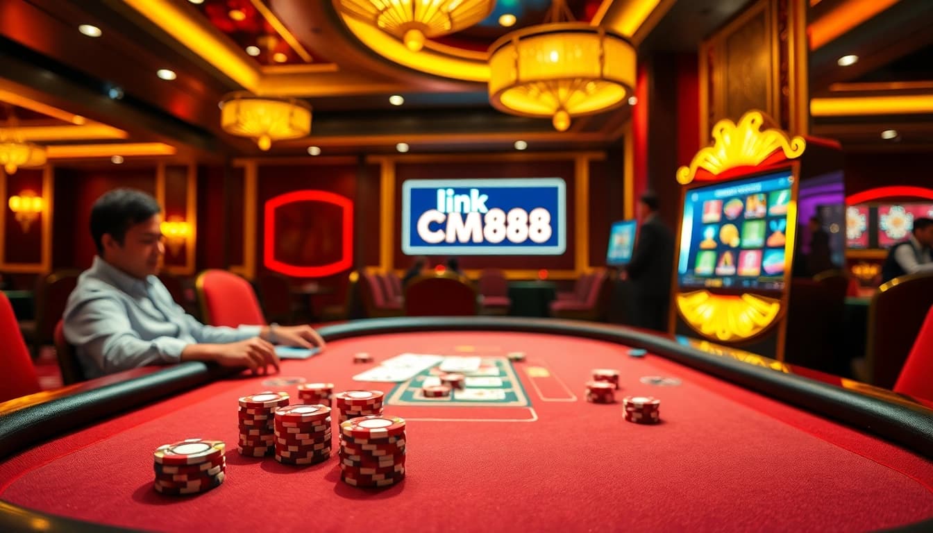 Players enjoying intense poker games at a luxurious casino showcasing link CM88 for online excitement.