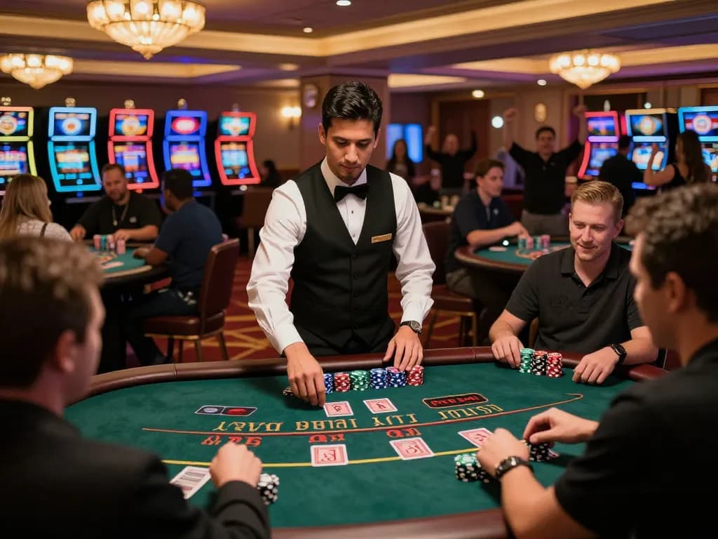Excited players engaging in high-stakes blackjack at 7M casino with vibrant atmosphere and warm lighting