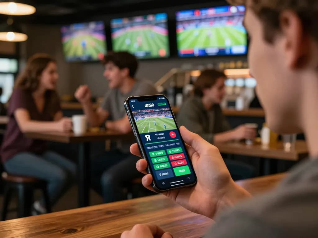 Engaging with the dh88 app for live sports betting in a vibrant social setting.