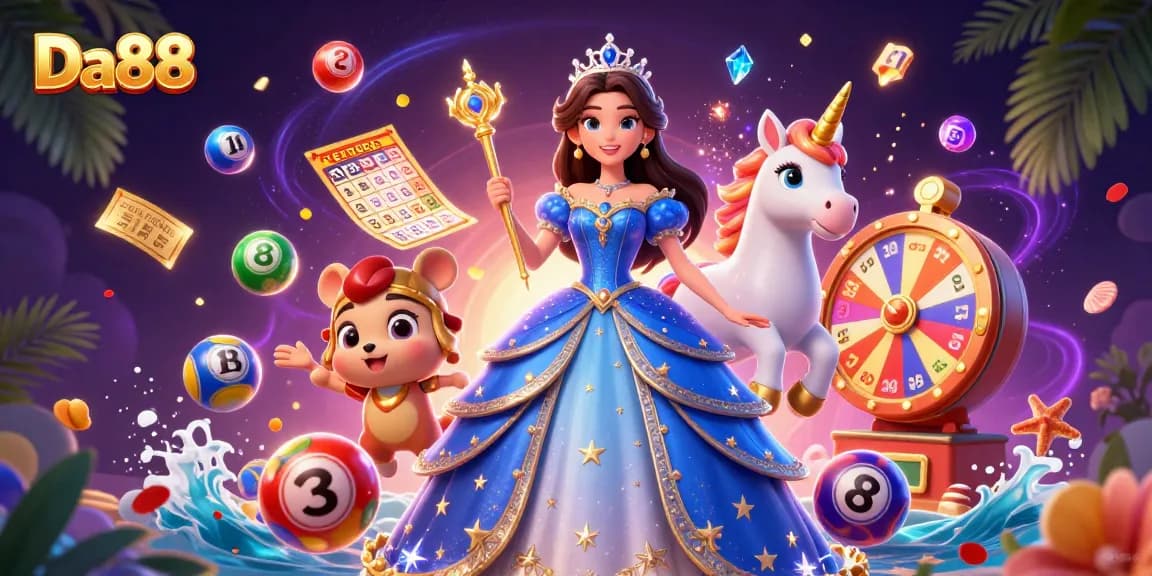 Engage with Da88's dynamic lottery experience featuring vibrant colors, rolling lottery balls, and festive elements.