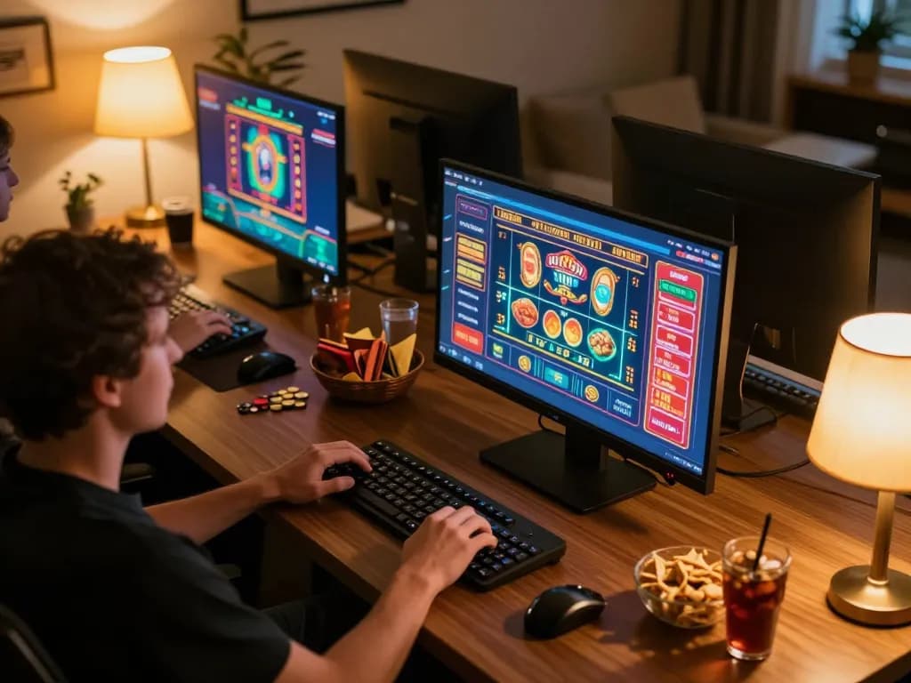 SOC88 online gamer placing bets on multiple screens in a cozy home office