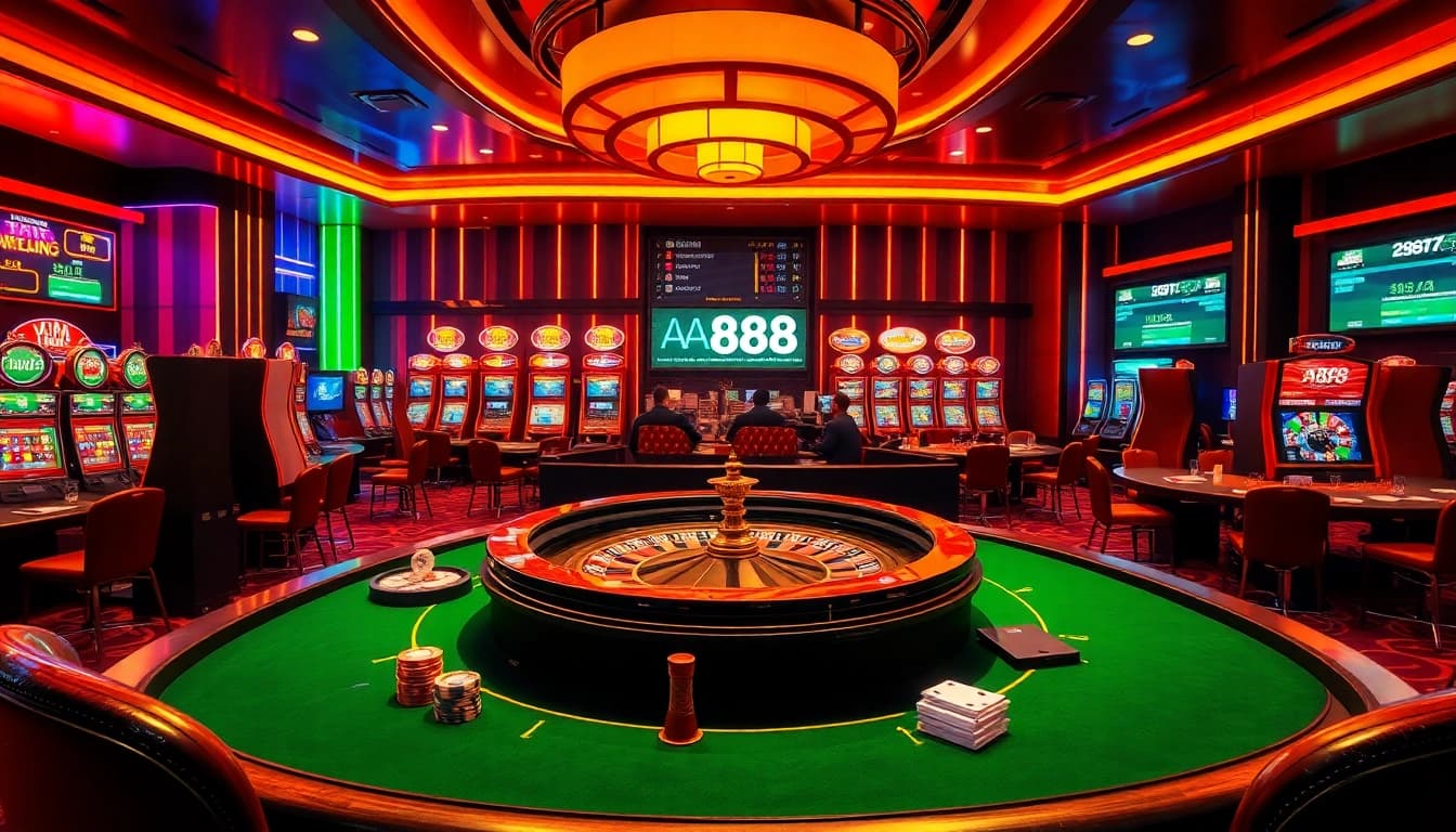 Experience the thrill of AA88 with players enjoying poker, roulette, and slot machines in a luxurious casino setting.