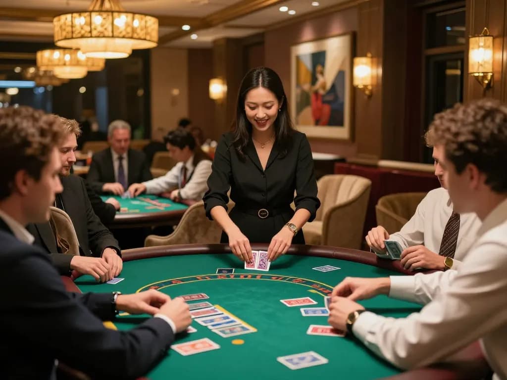 Players enjoy blackjack at elegant tables in a sunwin casino, showcasing engaging gameplay and excitement.