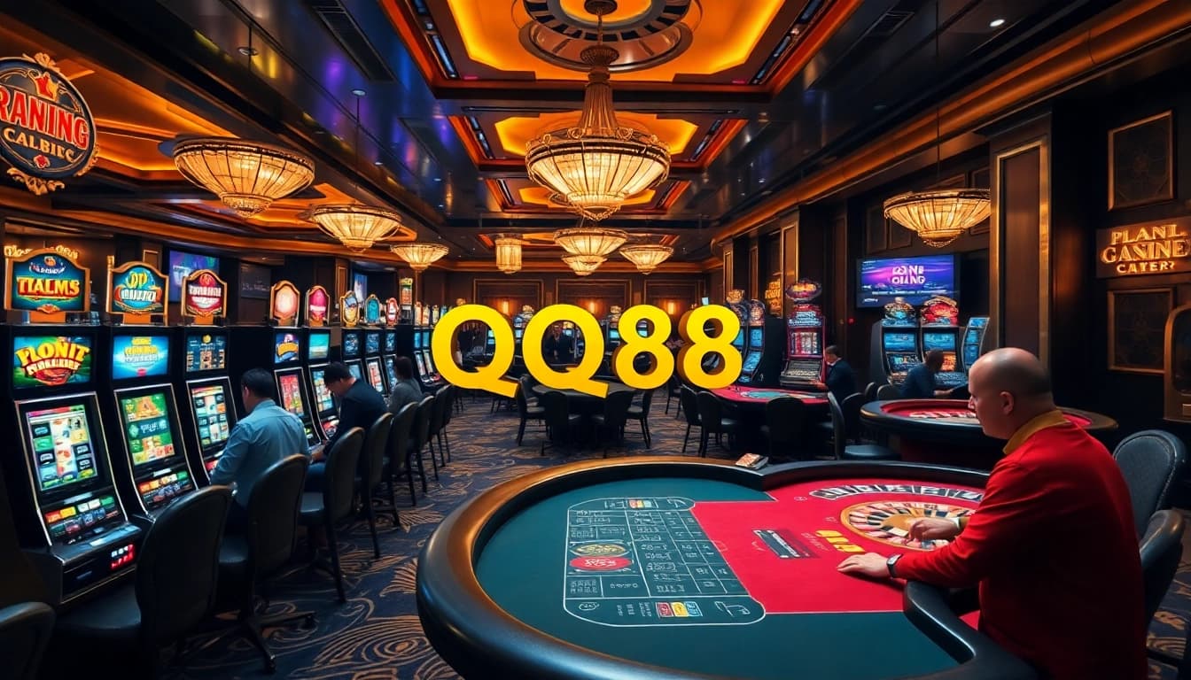 Experience the vibrant atmosphere at QQ88 casino with players enjoying slot machines and roulette tables.